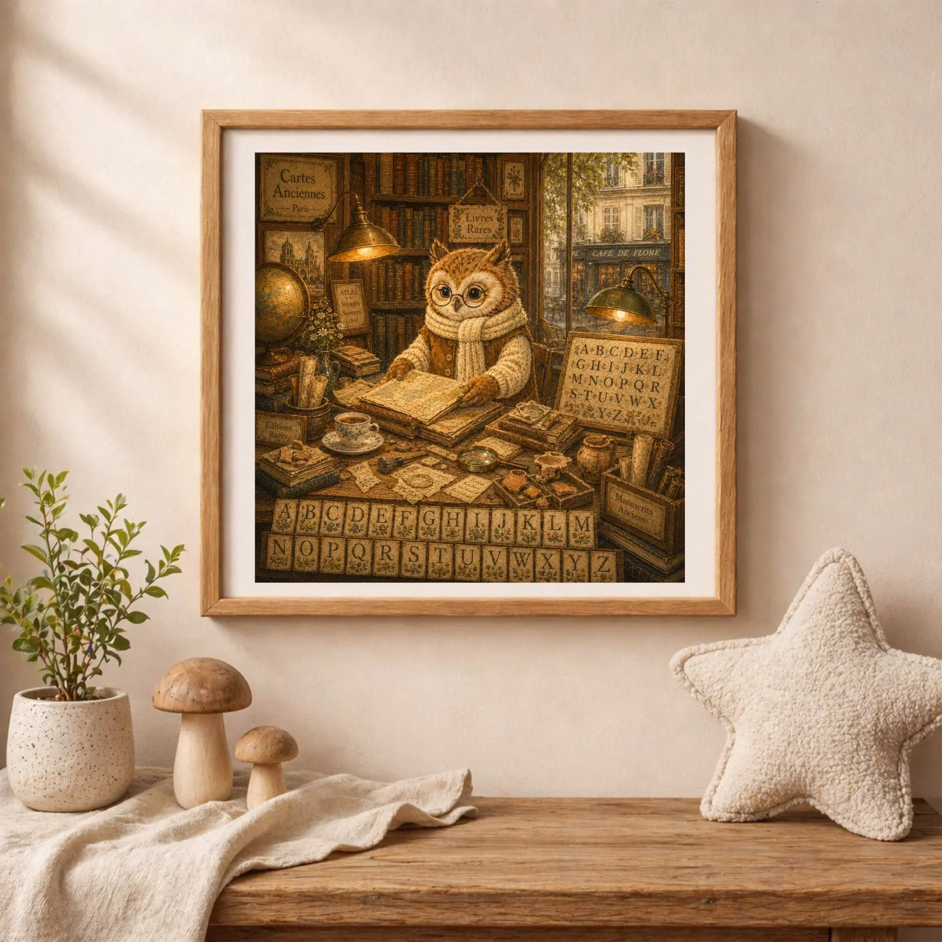 Quiet Woodland French Owl Alphabet Poster Nursery Wall Art 4 Framed French owl alphabet poster mounted on a wall above a wooden kid's bench with a soft star pillow and decorative toy mushrooms.
