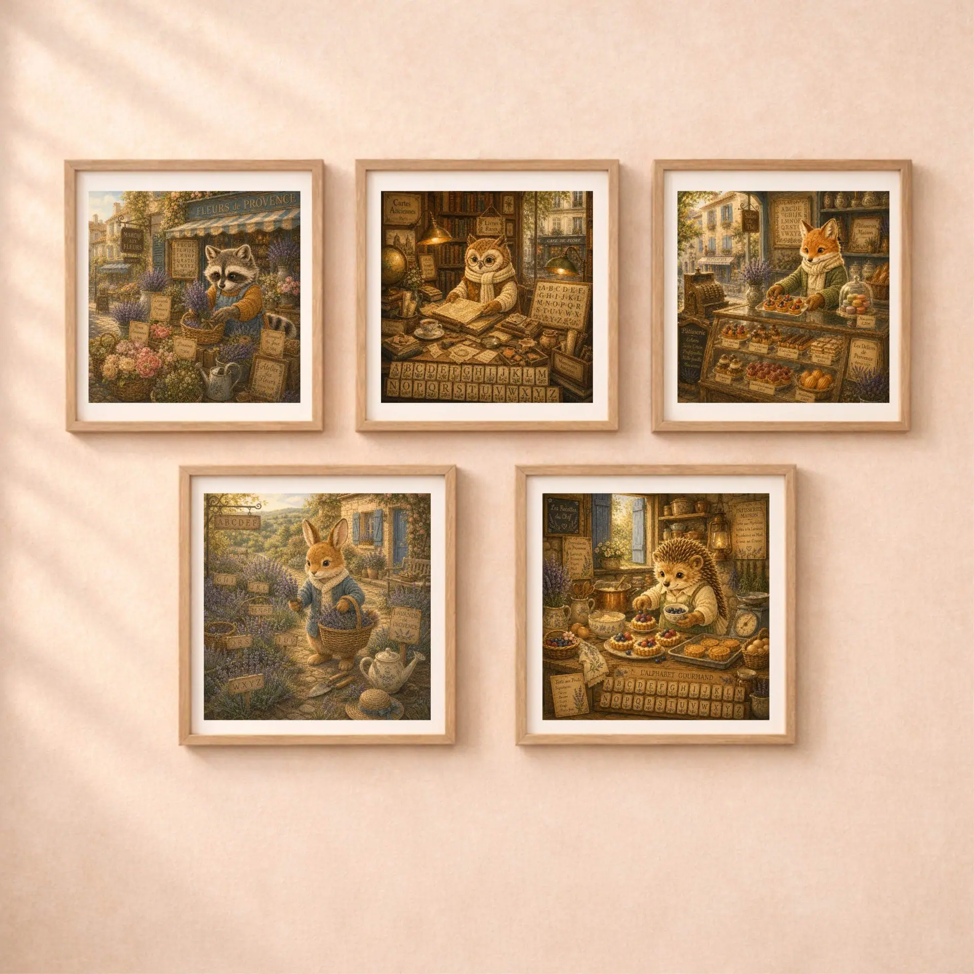 Quiet Woodland French Owl Alphabet Poster Nursery Wall Art 8 Five square framed alphabet posters including fox baker, owl bookstore owner, raccoon florist, rabbit gardener, and hedgehog chef on a beige wall.
