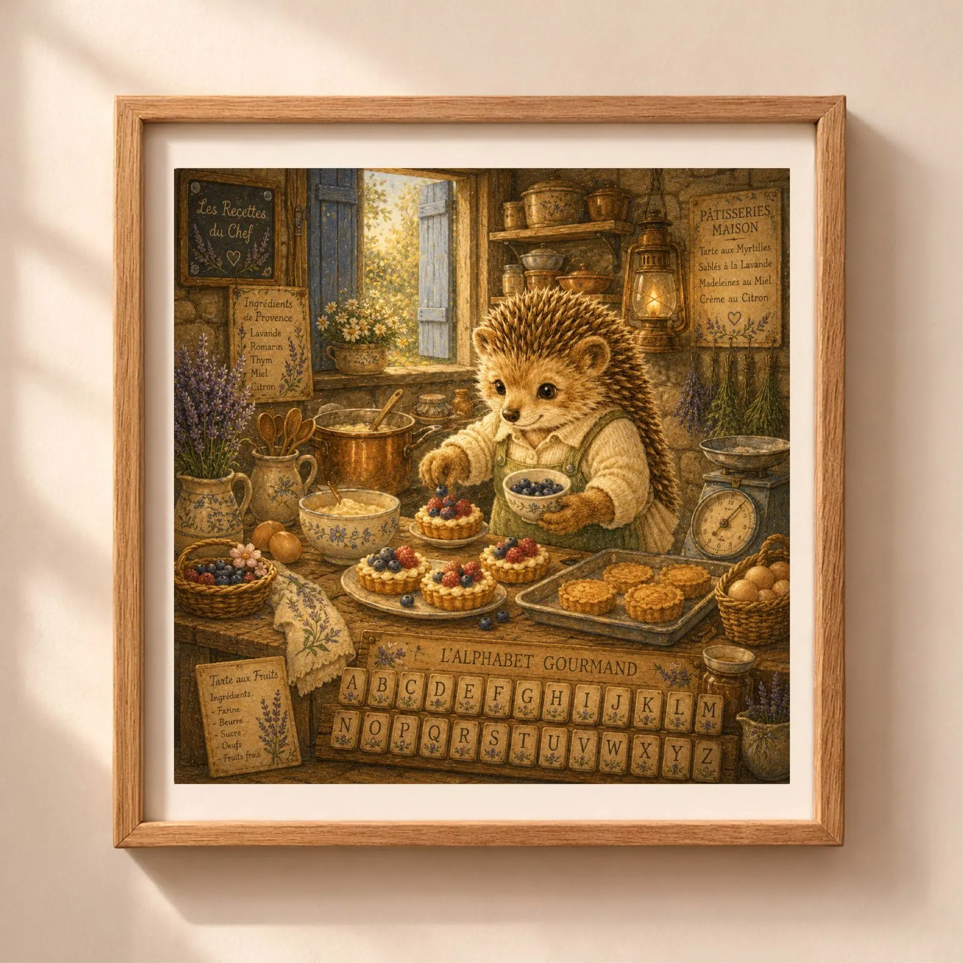 French Woodland Alphabet Professions Poster Set Nursery Art 5 Framed square alphabet poster of a cute hedgehog chef making berry tarts on a rustic wooden table under a warm stone kitchen window.