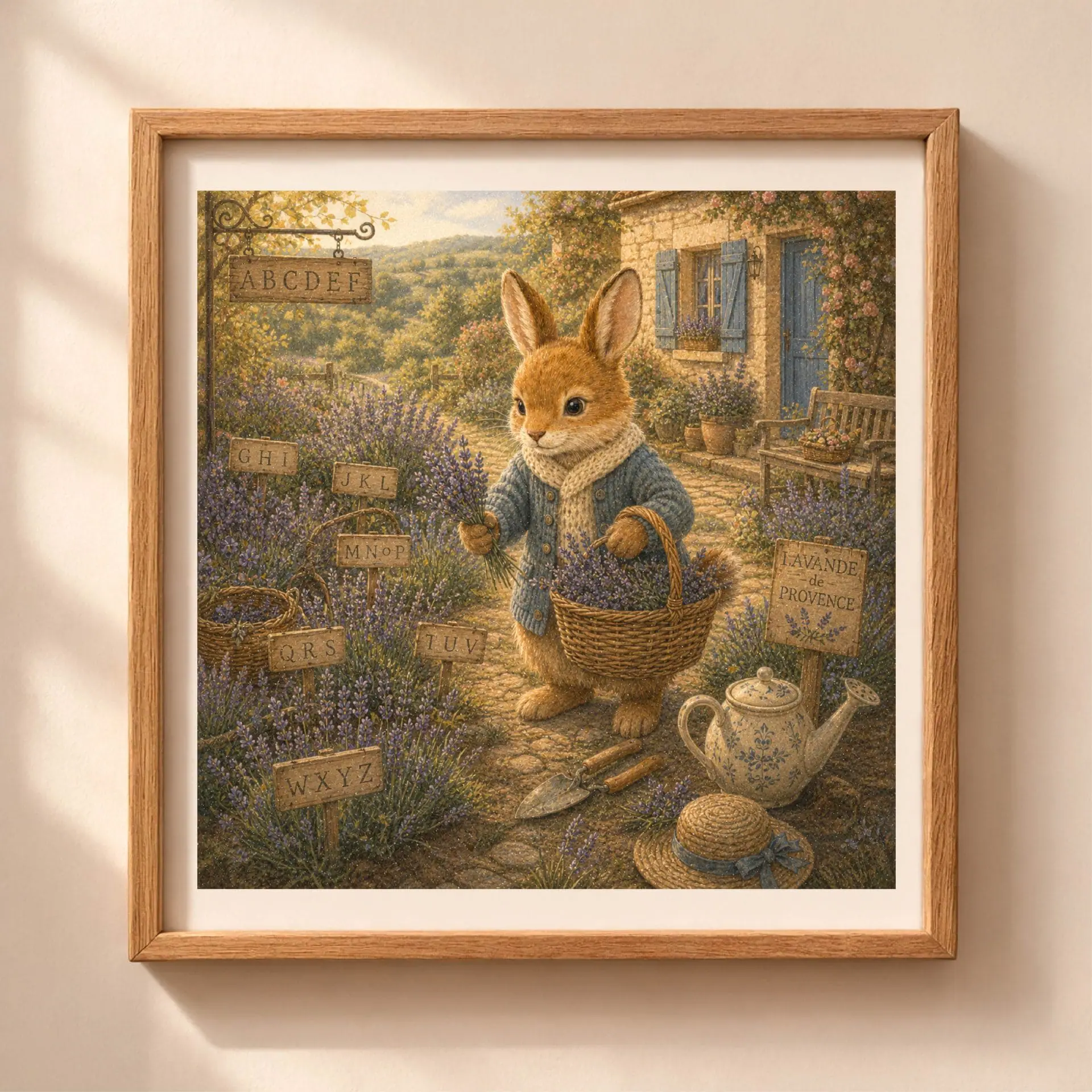 French Woodland Alphabet Professions Poster Set Nursery Art 4 Framed square alphabet poster detailing a fluffy brown rabbit picking lavender along a stone cottage path with letters on garden signposts.