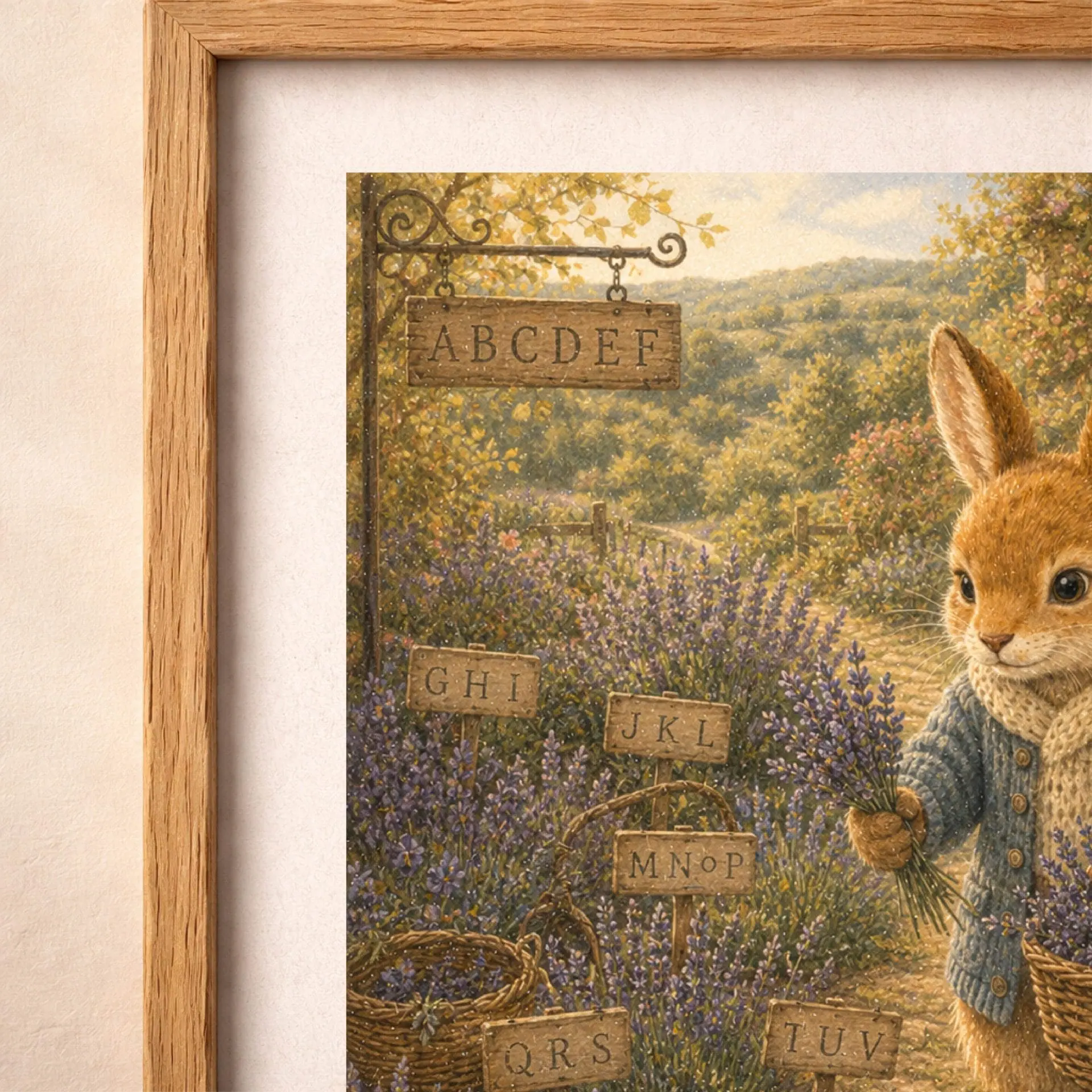 French Woodland Alphabet Professions Poster Set Nursery Art 7 Macro view of the rabbit lavender garden print showing detailed knit textures on the sweater, flower petals, and a wooden ABC signpost.