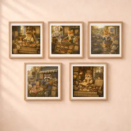 Five square wooden framed alphabet posters featuring fox patisserie, raccoon florist, rabbit gardener, hedgehog chef, and owl bookstore scenes mounted on a warm beige nursery wall.