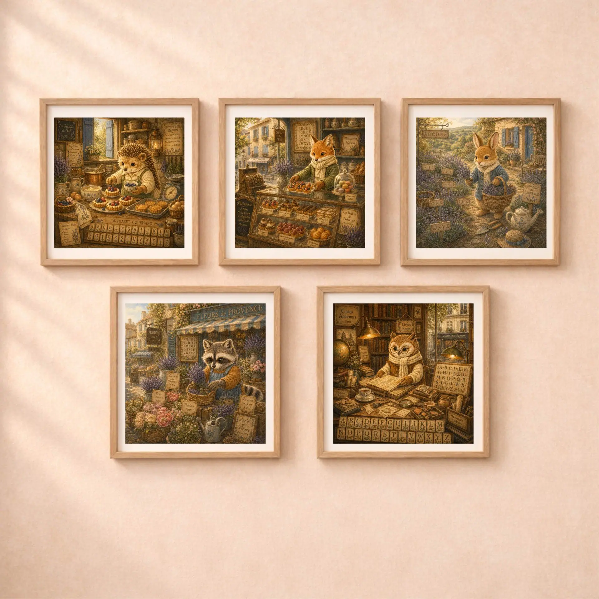 French Woodland Alphabet Professions Poster Set Nursery Art 1 Five square wooden framed alphabet posters featuring fox patisserie, raccoon florist, rabbit gardener, hedgehog chef, and owl bookstore scenes mounted on a warm beige nursery wall.
