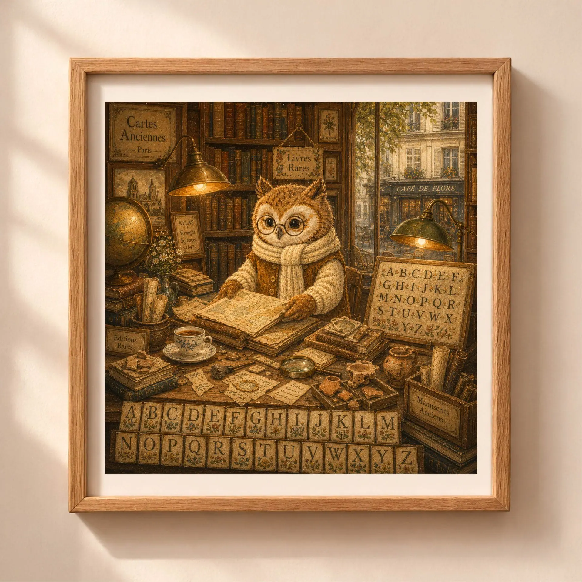 French Woodland Alphabet Professions Poster Set Nursery Art 6 Framed square alphabet poster depicting a wise owl shopkeeper with spectacles reading an old map inside a vintage French bookstore library.