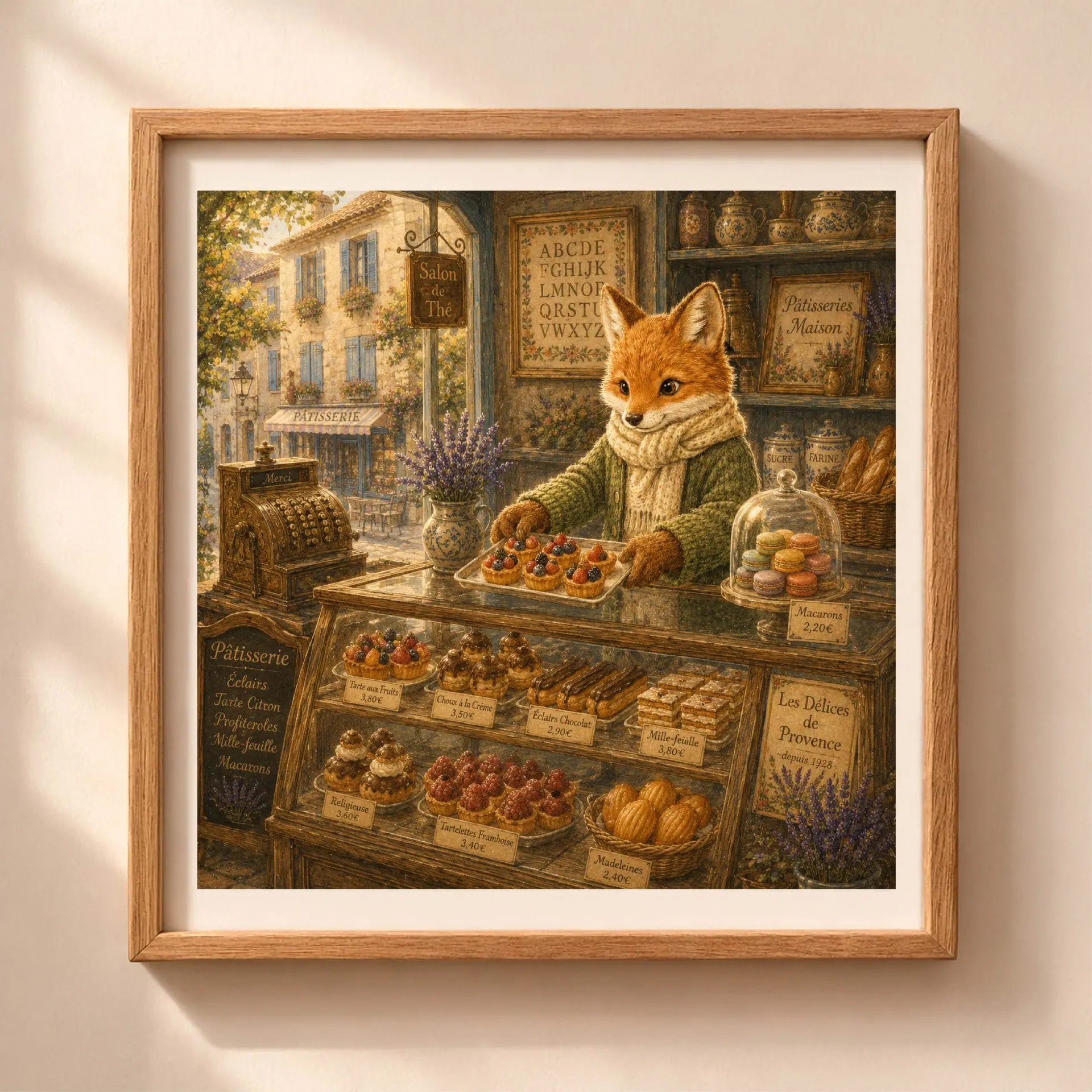 French Woodland Alphabet Professions Poster Set Nursery Art 2 Framed square alphabet poster featuring a dapper red fox shopkeeper serving pastries and macarons inside a vintage French patisserie shop.