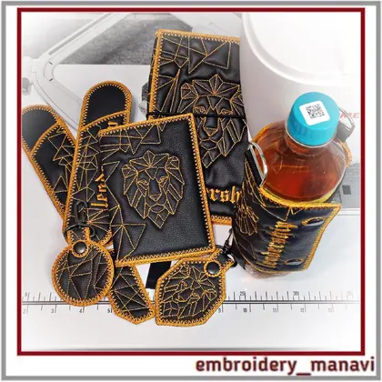 Leadership Leo set with 9 ITH embroidery designs: quilted covers, pencil cases, and key fobs, Bottle Holder with geometric motifs by Embroidery Manavi 05.