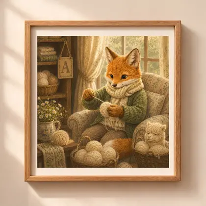 Vintage storybook style square illustration of a red fox in a green cardigan winding alpaca yarn inside a wooden frame hanging on a beige wall.
