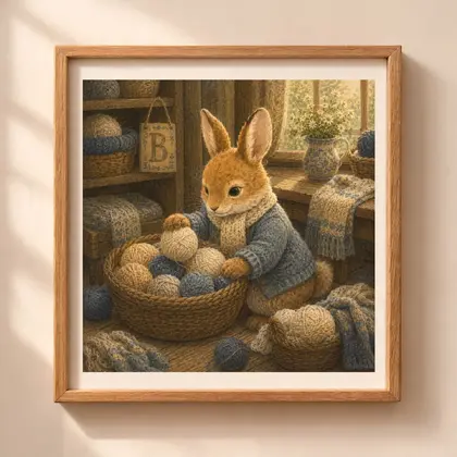 Vintage storybook style square illustration of a brown bunny in a blue cardigan selecting wool yarn inside a wooden frame hanging on a beige wall.