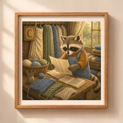 Vintage storybook style square illustration of a grey raccoon in denim overalls studying cable knit patterns inside a wooden frame hanging on a beige wall.
