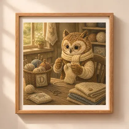 Vintage storybook style square illustration of a brown owl with glasses and a scarf darning a mitten inside a wooden frame hanging on a beige wall.