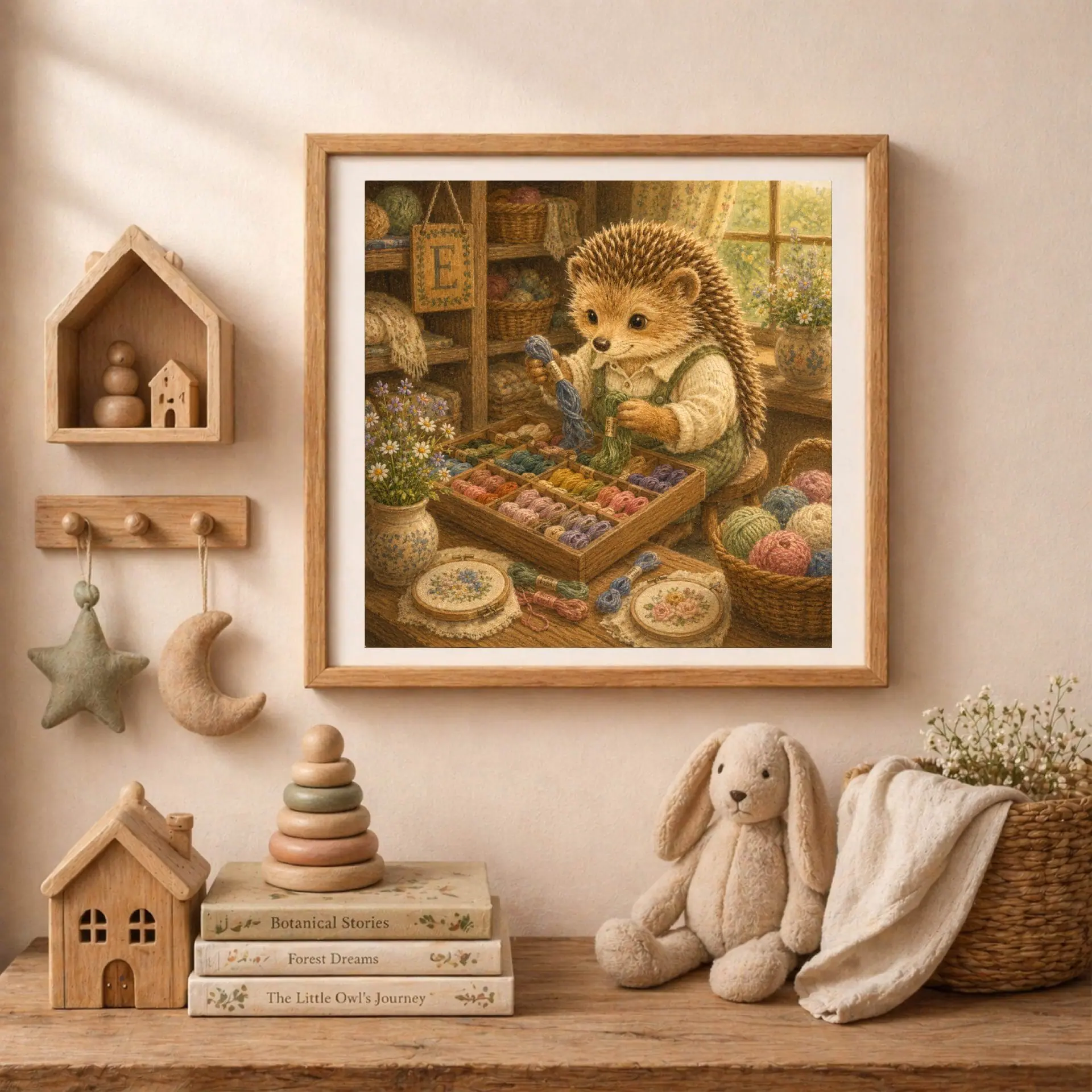Nursery Monogram E Printable Art Hedgehog Crafter Gift 4 Square wooden frame with the hedgehog initial art surrounded by wooden house shelves, hanging cloth stars, a plush toy, and a stack of children's books.