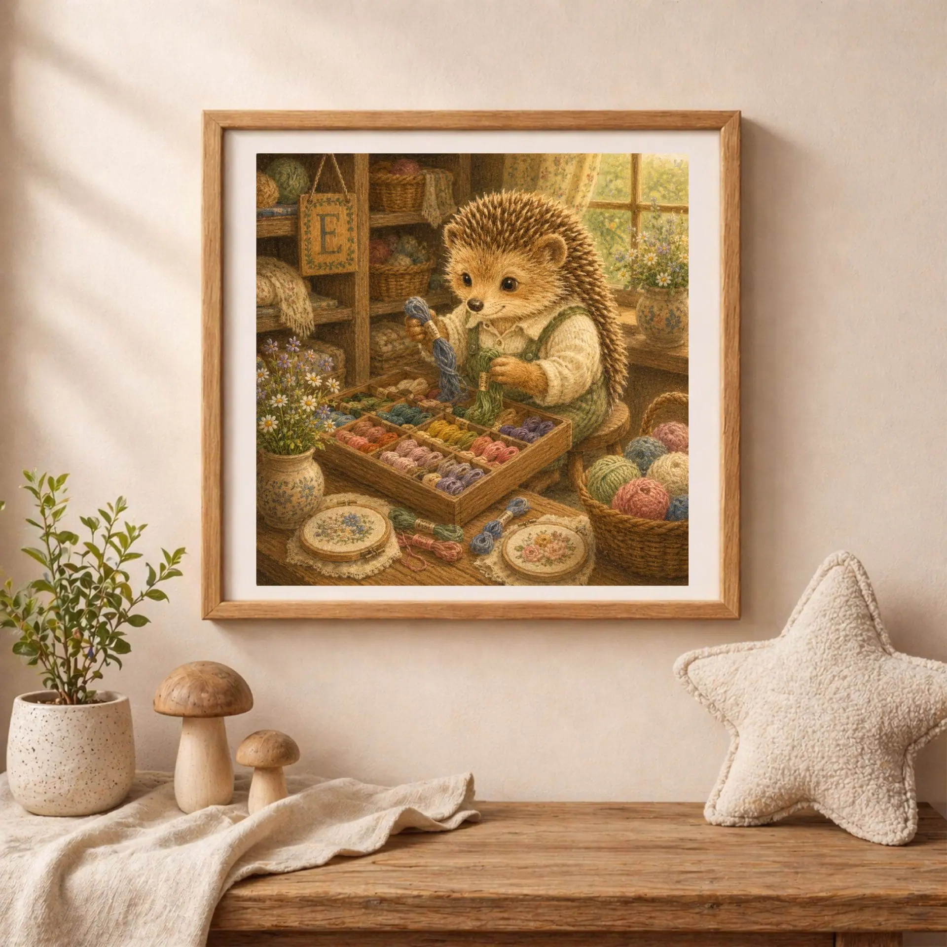Nursery Monogram E Printable Art Hedgehog Crafter Gift 5 Framed square art of a hedgehog sorting colorful threads resting on a table beside a potted plant, ceramic mushrooms, and a plush star pillow.