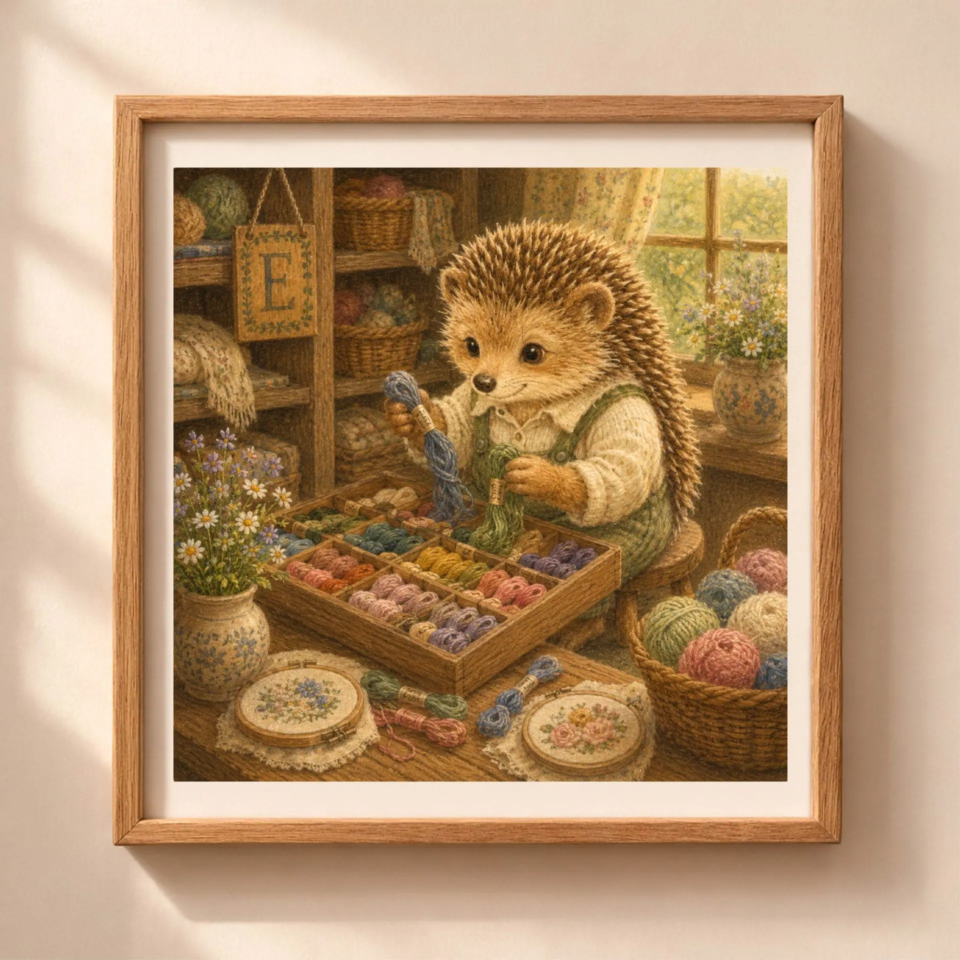 Nursery Monogram E Printable Art Hedgehog Crafter Gift 1 Vintage storybook style square illustration of a hedgehog in green overalls sorting embroidery threads inside a wooden frame hanging on a beige wall.