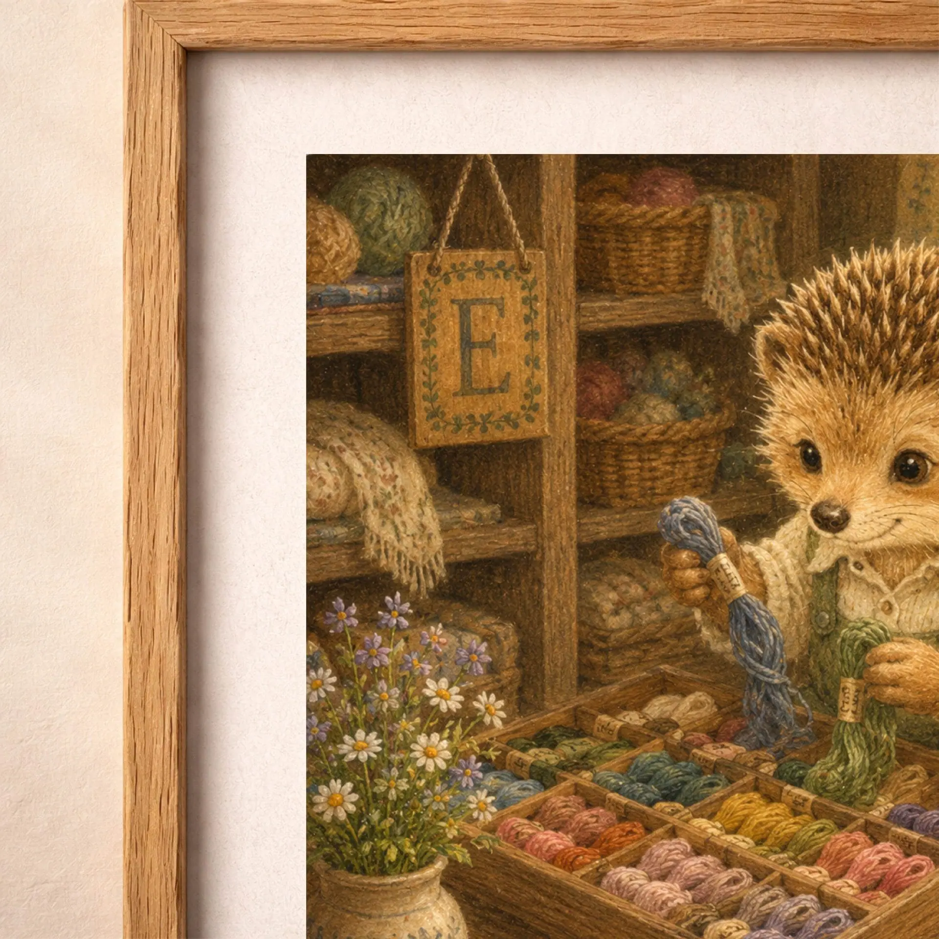 Nursery Monogram E Printable Art Hedgehog Crafter Gift 7 Close-up macro view focusing on the wooden sign with the letter E, colorful yarn skeins, mini wildflowers, and fine canvas texture.