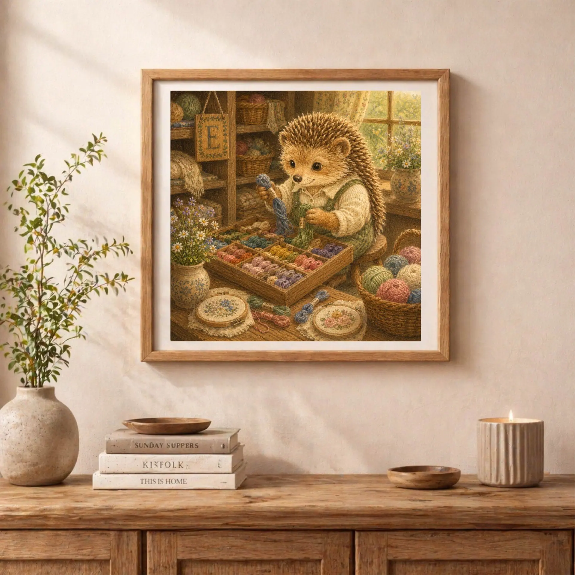 Nursery Monogram E Printable Art Hedgehog Crafter Gift 3 Framed storybook hedgehog embroidery illustration standing on a wooden sideboard next to books, a green branch in a vase, and a burning candle.