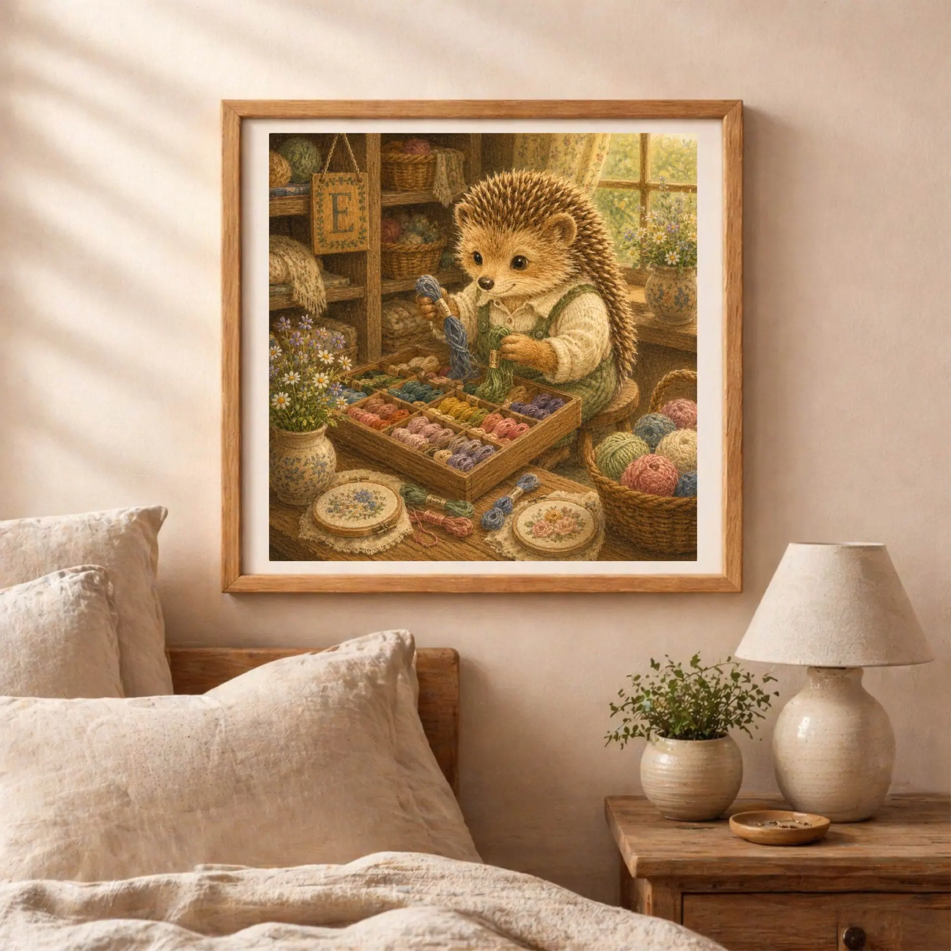 Nursery Monogram E Printable Art Hedgehog Crafter Gift 6 Framed hedgehog initial artwork hanging on a textured bedroom wall above a wooden nightstand with a ceramic lamp, green plant, and soft linen sheets.