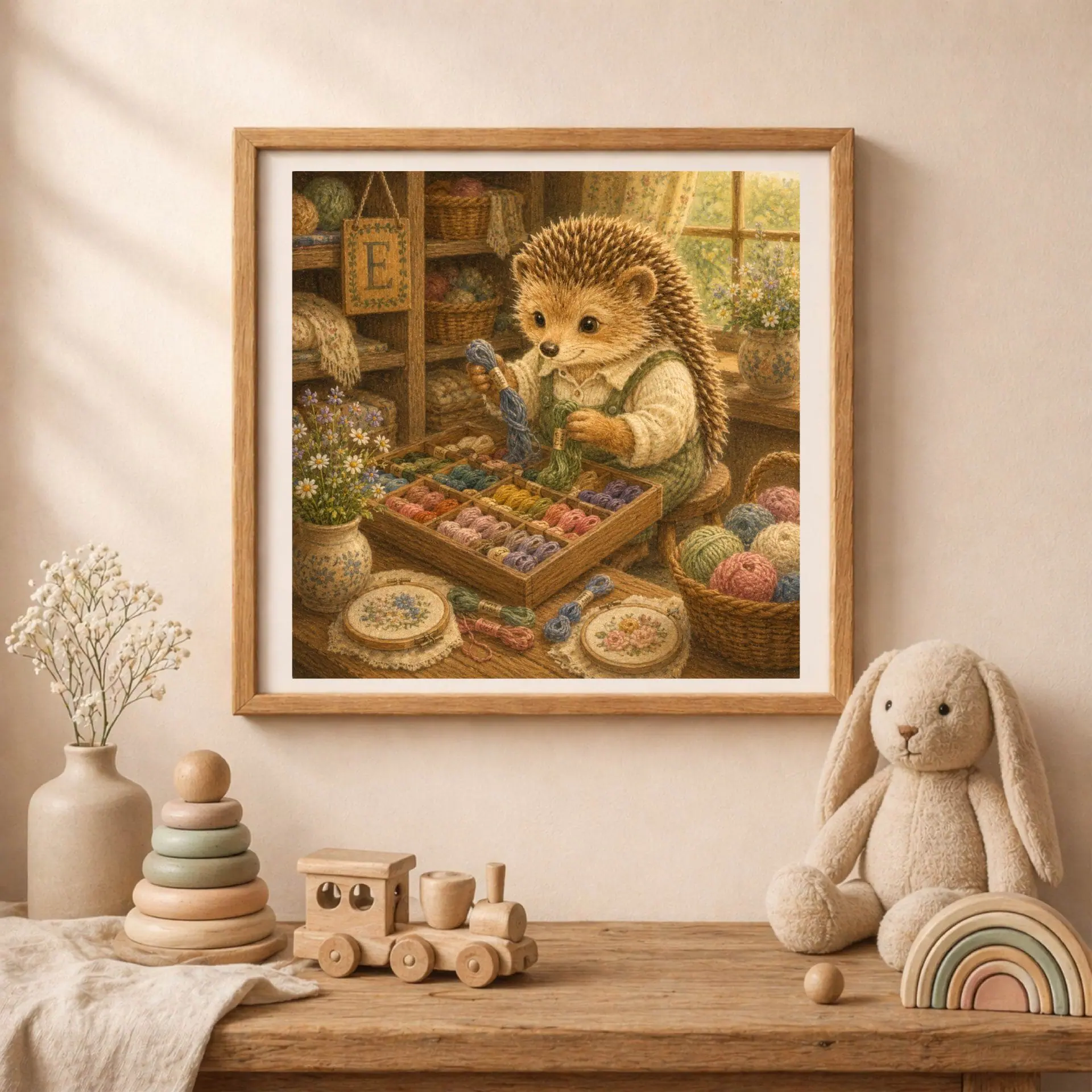 Nursery Monogram E Printable Art Hedgehog Crafter Gift 2 A square wooden frame with the hedgehog monogram art mounted on a soft cream nursery wall above a wooden table with a plush rabbit, toy train, and rainbow block.