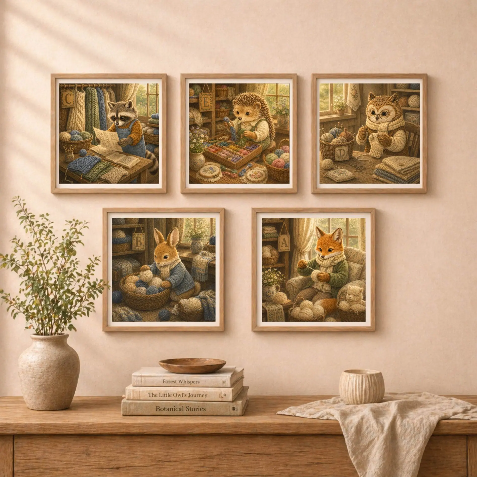 Nursery Monogram E Printable Art Hedgehog Crafter Gift 9 A wall gallery arrangement of five framed animal prints showing letters A, B, C, D, and E featuring a fox, bunny, raccoon, owl, and hedgehog crafting.