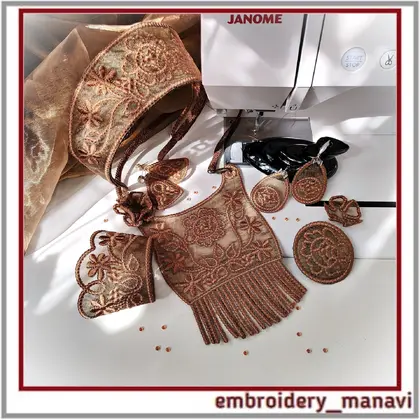 7 in 1 ITH Organza Jewelry Mega Pack by Embroidery Manavi 05 Stabilizer free single color kokoshnik necklace bracelet brooch earrings flower Download