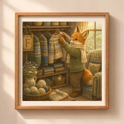 Vintage storybook style square illustration of a fox in a green jacket hanging Fair Isle sweaters inside a wooden frame hanging on a beige wall.