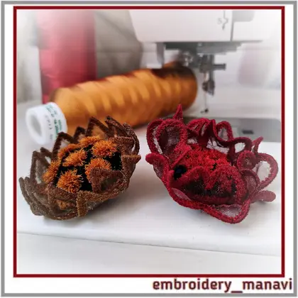 3D Flower Brooch ITH machine embroidery design by Embroidery Manavi 05. Includes pointed & rounded petals, 2 hoopings technology, and detailed PDF guide.