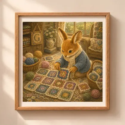 Vintage storybook style square illustration of a bunny in a blue cardigan crocheting granny squares inside a wooden frame hanging on a beige wall.