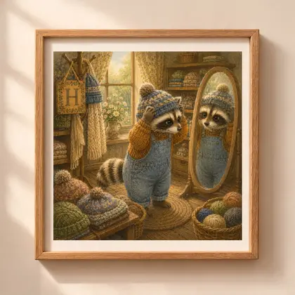 Vintage storybook style square illustration of a raccoon trying on a knitted hat in front of a full-length wooden standing mirror inside a square frame hanging on a wall.