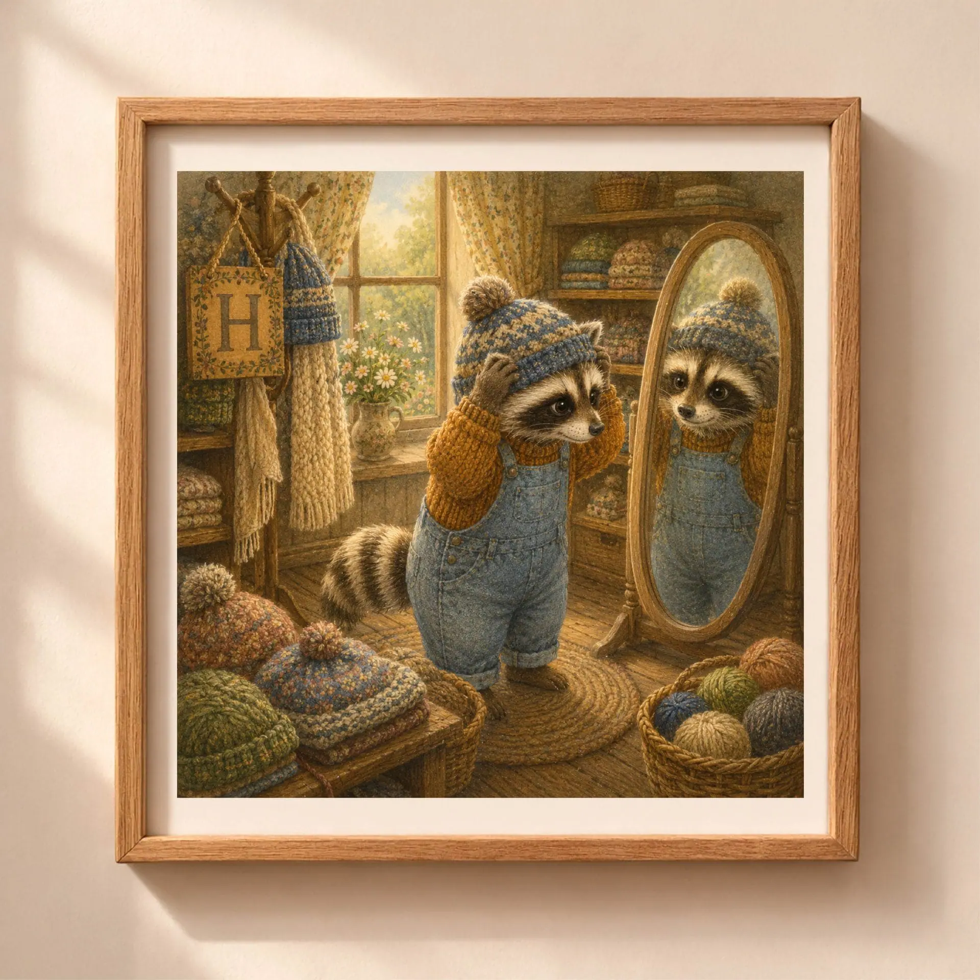 Nursery Monogram H Printable Art Raccoon Baby Shower Knitter Gift 1 Vintage storybook style square illustration of a raccoon trying on a knitted hat in front of a full-length wooden standing mirror inside a square frame hanging on a wall.