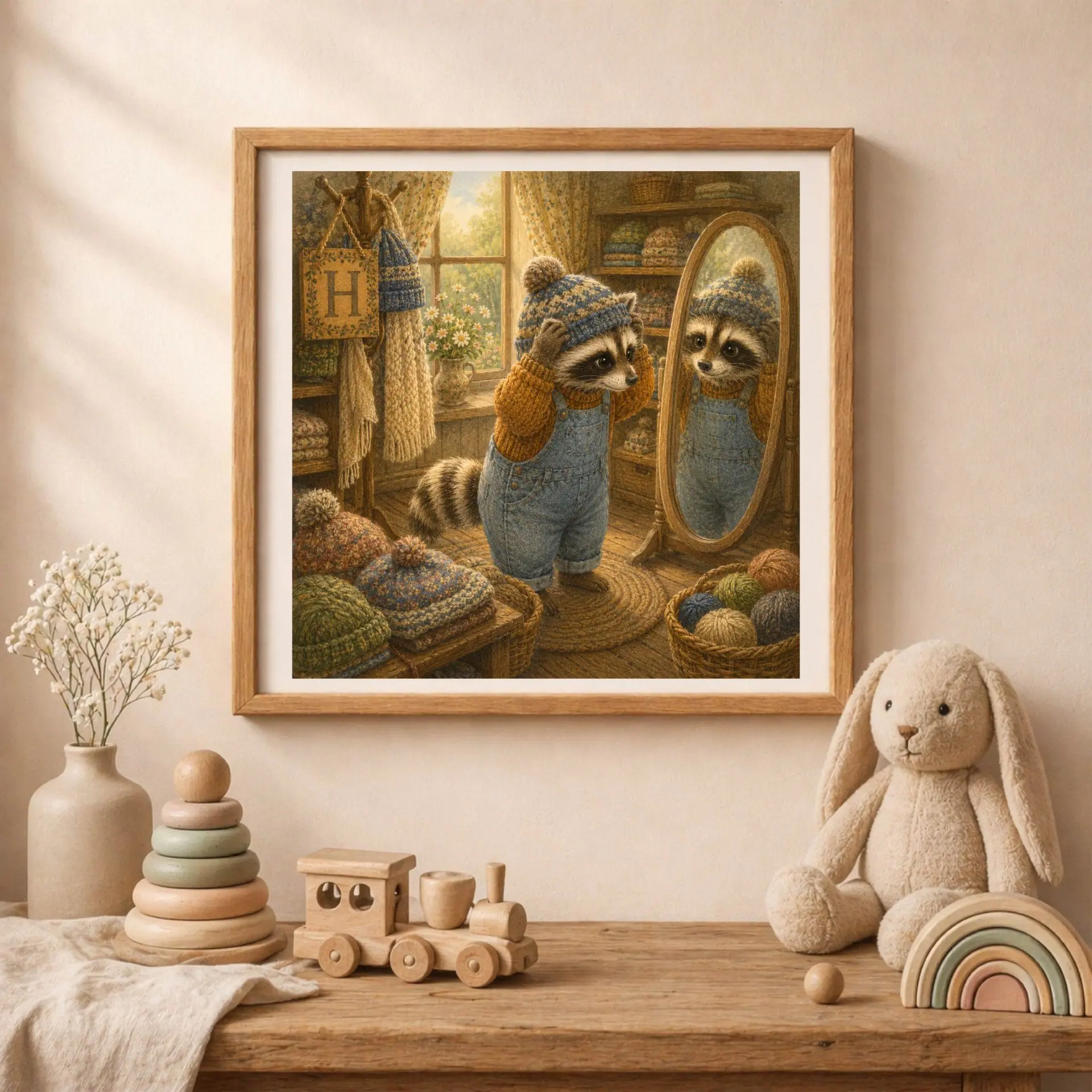 Nursery Monogram H Printable Art Raccoon Baby Shower Knitter Gift 2 A square wooden frame with the raccoon monogram art mounted on a soft cream nursery wall above a wooden table with a plush rabbit, toy train, and wooden rainbow.