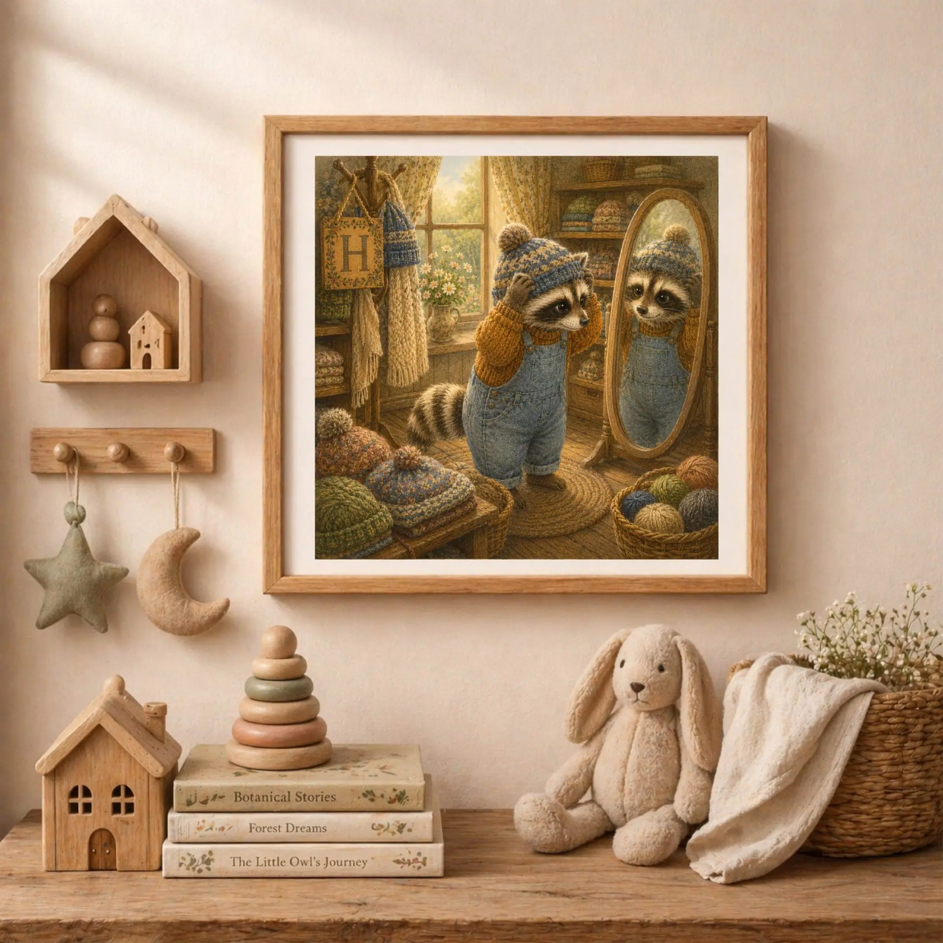Nursery Monogram H Printable Art Raccoon Baby Shower Knitter Gift 4 Square wooden frame with the raccoon initial art surrounded by wooden house shelves, hanging cloth moon and star toys, and a stack of children's books.