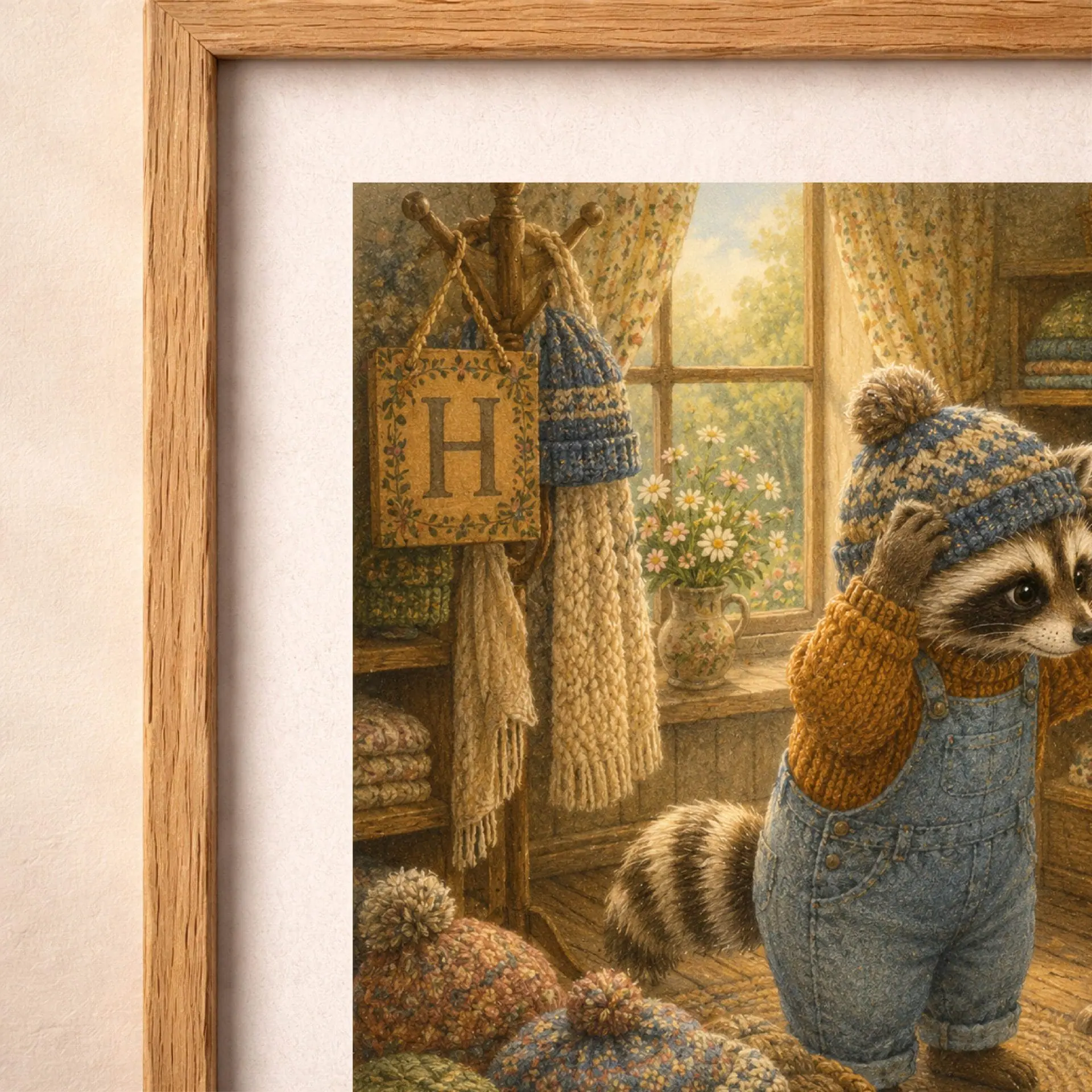 Nursery Monogram H Printable Art Raccoon Baby Shower Knitter Gift 7 Close-up macro view focusing on the wooden plaque with the letter H, detailed knitted hats on the rack, and fine paper canvas texture.
