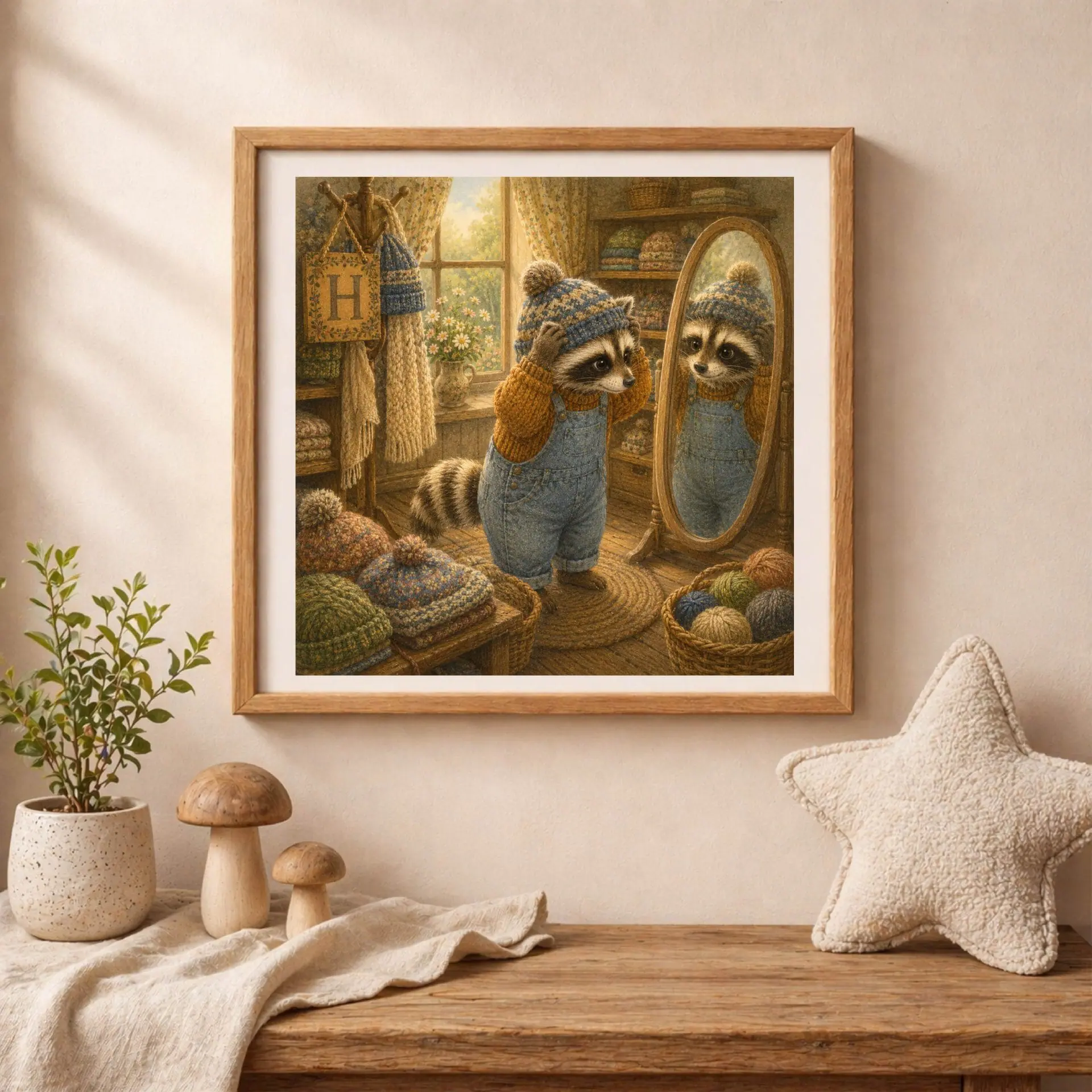 Nursery Monogram H Printable Art Raccoon Baby Shower Knitter Gift 5 Framed square art of a raccoon trying on winter hats resting on a table beside a potted plant, ceramic mushrooms, and a plush star pillow.