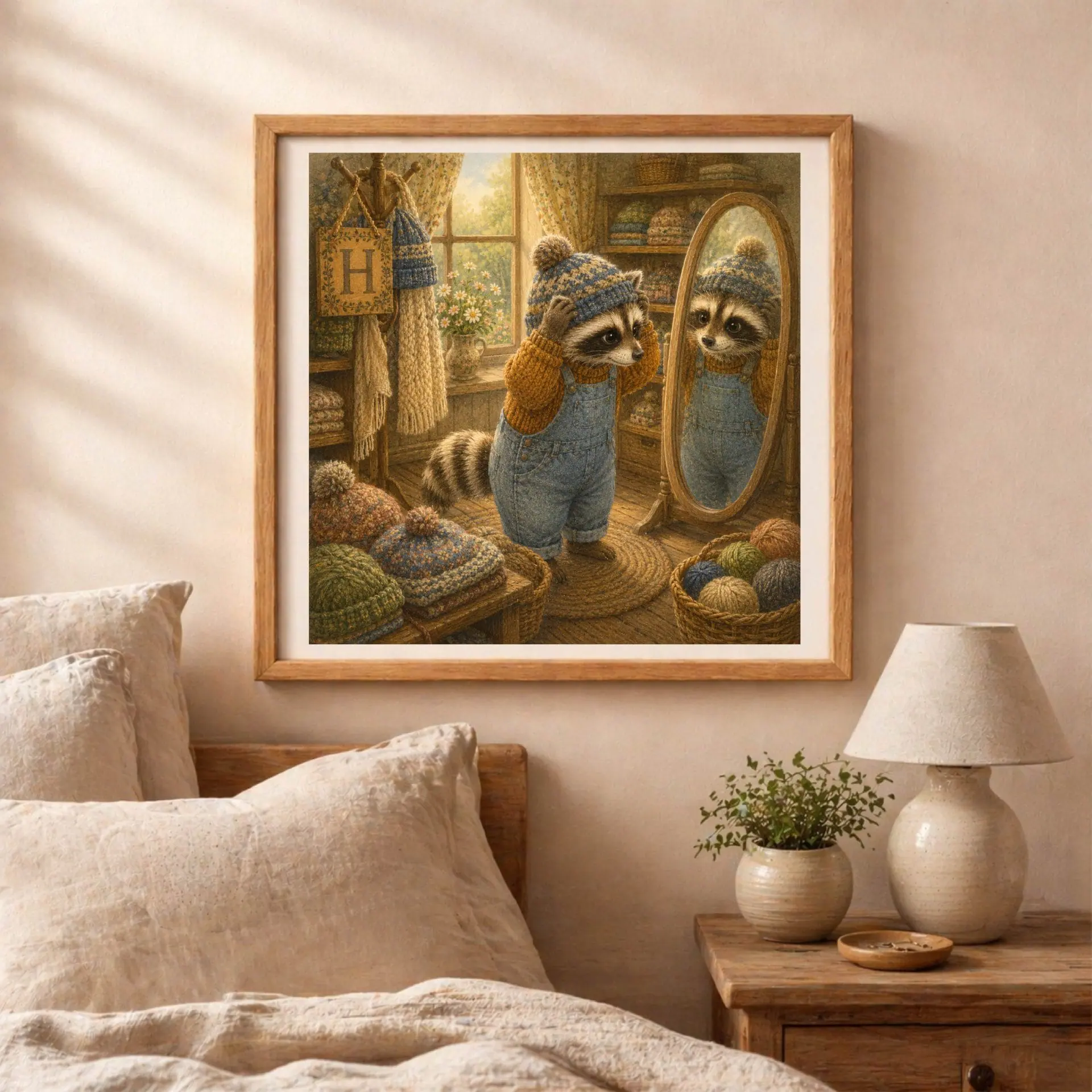 Nursery Monogram H Printable Art Raccoon Baby Shower Knitter Gift 6 Framed raccoon initial artwork hanging on a textured bedroom wall above a wooden nightstand with a ceramic lamp, green plant, and soft linen sheets.