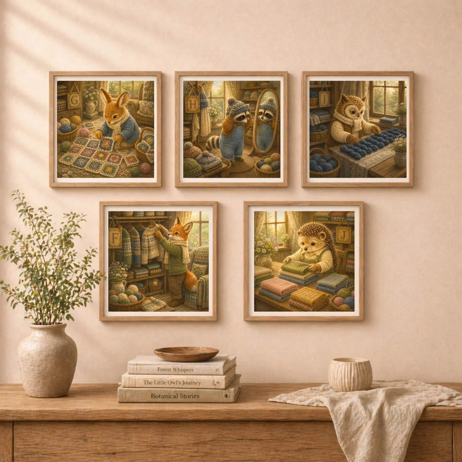 Nursery Monogram H Printable Art Raccoon Baby Shower Knitter Gift 9 A wall gallery arrangement of five framed animal prints featuring a rabbit crocheting, raccoon trying on a hat, owl knitting, fox with sweaters, and hedgehog folding blankets.