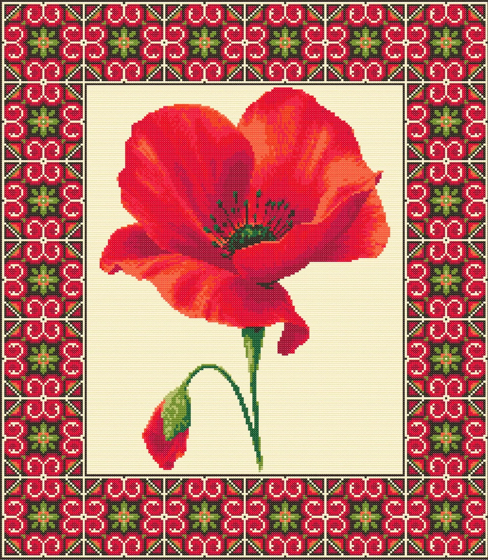 Poppy Cross Stitch Pattern, Red Botanical PDF Chart 2 Poppy Cross Stitch Pattern, Red Botanical PDF Chart - Image 2