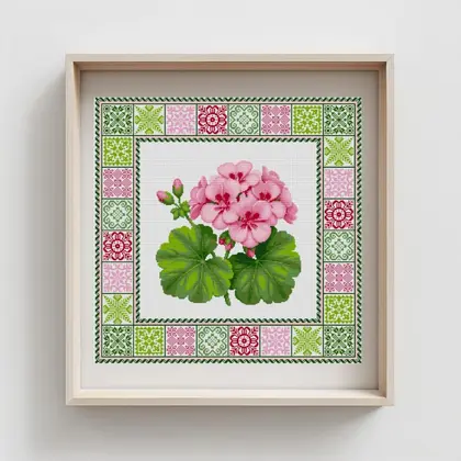 Pink Geranium Cross Stitch Pattern, Blush Flower PDF