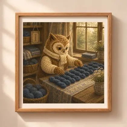 Vintage storybook style square illustration of a wise owl with glasses organizing indigo dyed yarn skeins on a table inside a wooden frame hanging on a wall.