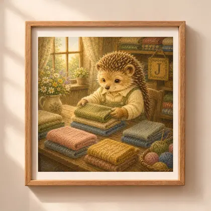 Vintage storybook style square illustration of a hedgehog folding colorful knit fabrics in a craft studio inside a wooden frame hanging on a wall.