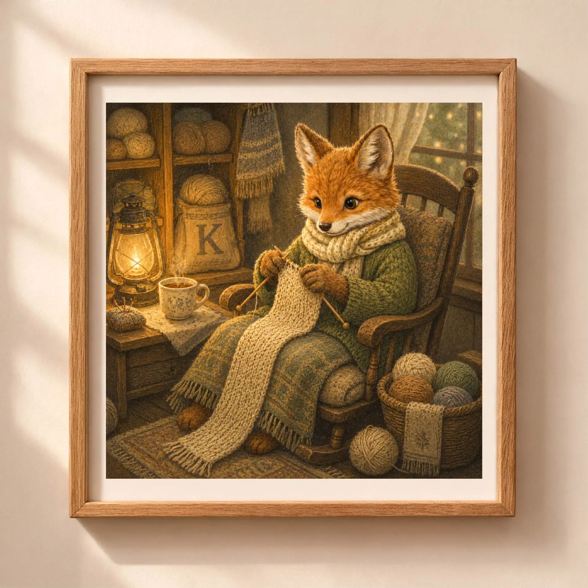 Nursery Monogram K Printable Art Fox Knitting Needles Decor Gift 1 Vintage storybook style square illustration of a fox knitting a scarf with needles in a rocking chair inside a wooden frame hanging on a wall.