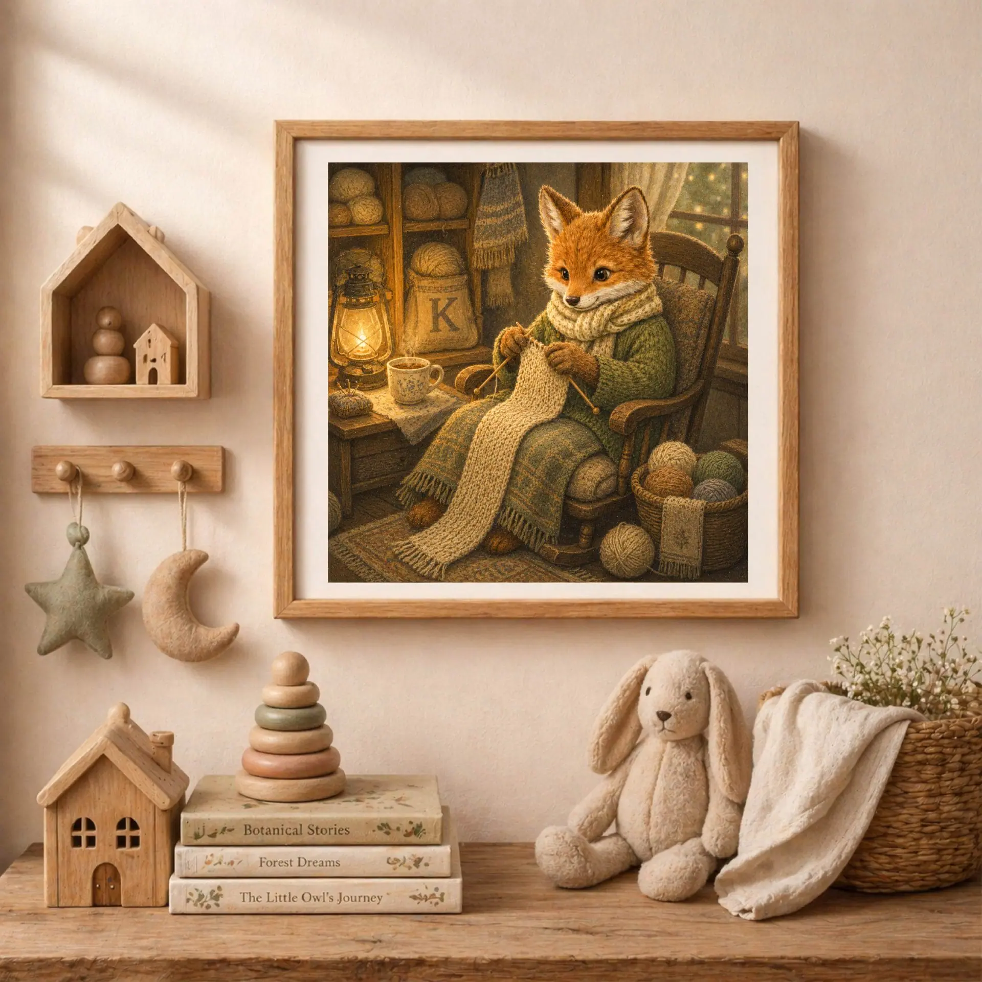 Nursery Monogram K Printable Art Fox Knitting Needles Decor Gift 4 Square wooden frame with the fox initial art surrounded by wooden house shelves, hanging cloth moon and star toys, and a stack of children's books.