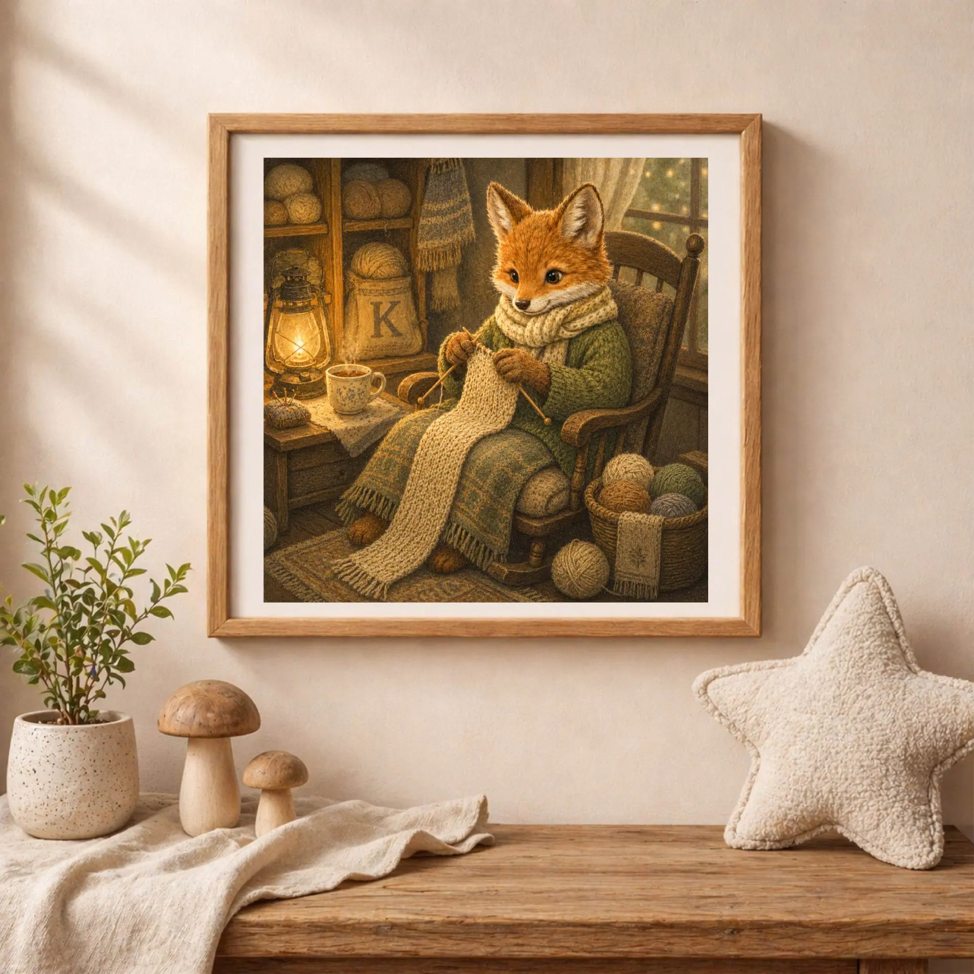 Nursery Monogram K Printable Art Fox Knitting Needles Decor Gift 5 Framed square art of a fox knitting a scarf resting on a table beside a potted plant, ceramic mushrooms, and a plush star pillow.