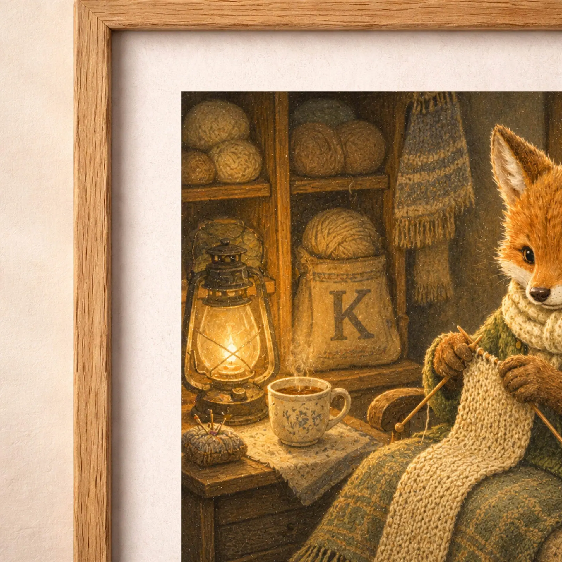 Nursery Monogram K Printable Art Fox Knitting Needles Decor Gift 7 Close-up macro view focusing on the burlap sack with the letter K, glowing oil lantern, hot steaming cup, and fine paper canvas texture.