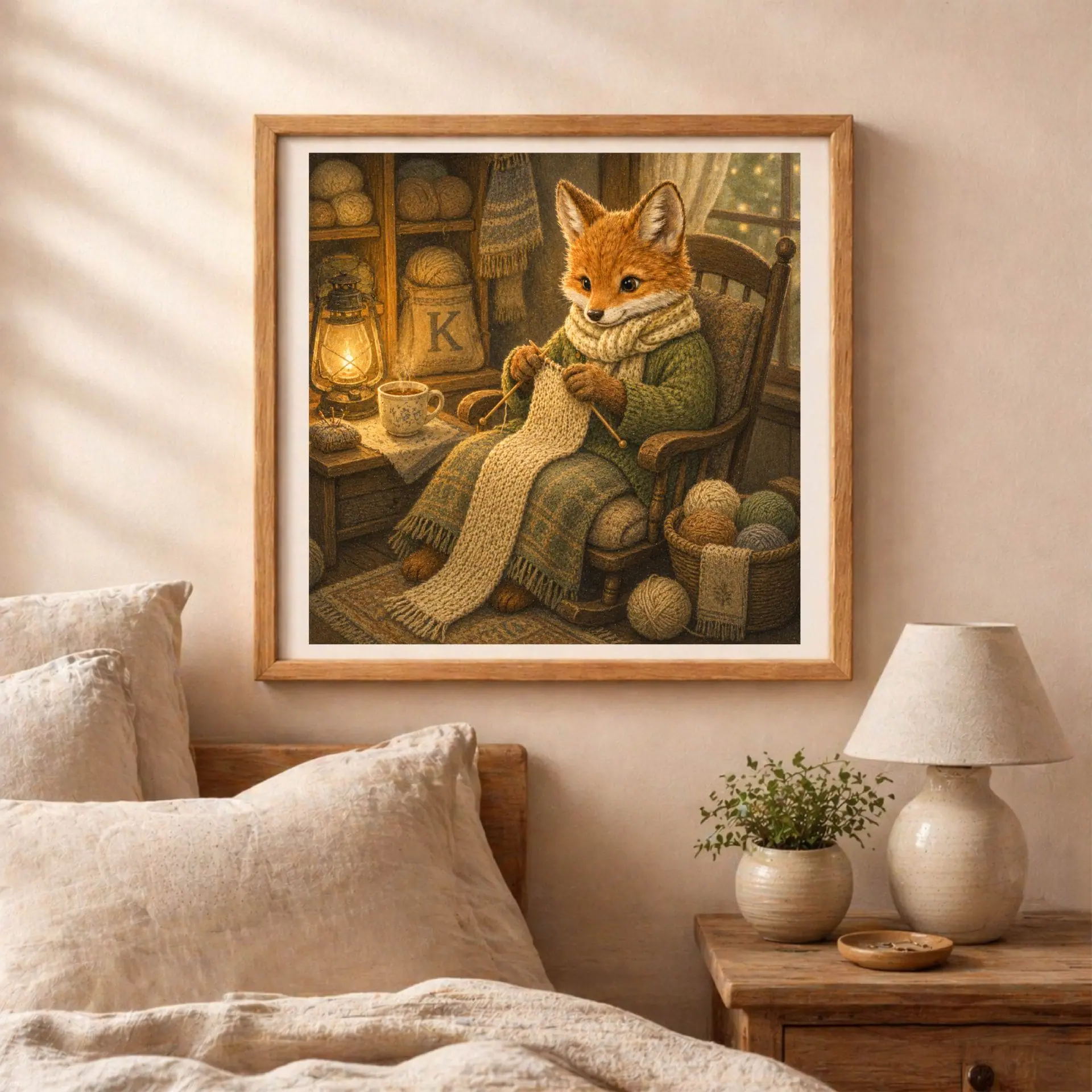 Nursery Monogram K Printable Art Fox Knitting Needles Decor Gift 6 Framed fox initial artwork hanging on a textured bedroom wall above a wooden nightstand with a ceramic lamp, green plant, and soft linen sheets.