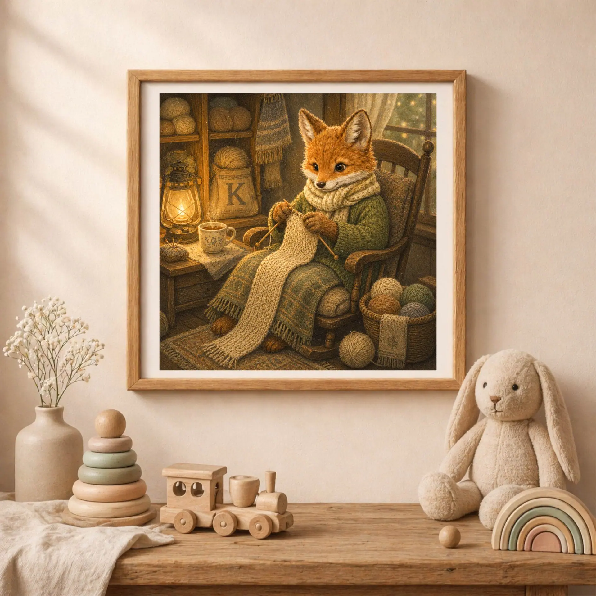 Nursery Monogram K Printable Art Fox Knitting Needles Decor Gift 2 A square wooden frame with the fox monogram art mounted on a soft cream nursery wall above a wooden table with a plush rabbit, toy train, and wooden rainbow.