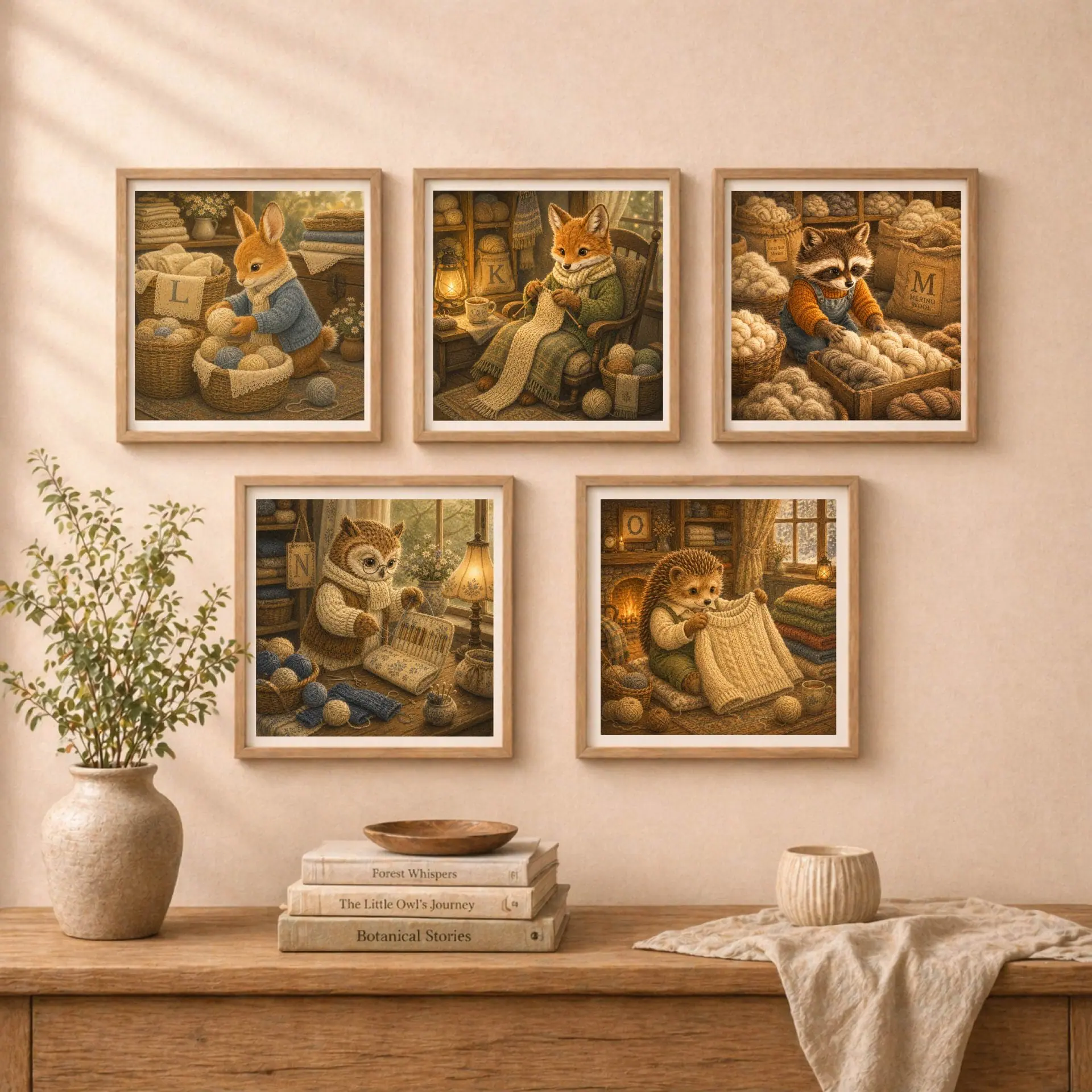 Nursery Monogram K Printable Art Fox Knitting Needles Decor Gift 9 A wall gallery arrangement of five framed animal prints featuring a rabbit with yarn, fox knitting, raccoon with wool, owl sewing, and hedgehog with sweater.