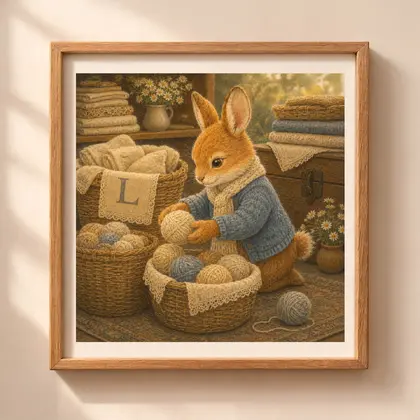 Vintage storybook style square illustration of a bunny sorting yarn balls into woven linen baskets inside a wooden frame hanging on a wall.