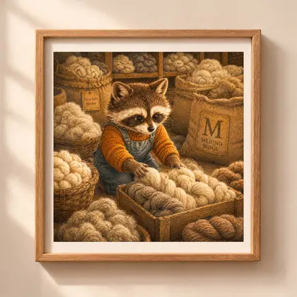 Vintage storybook style square illustration of a raccoon sorting merino wool skeins in a workshop inside a wooden frame hanging on a wall.