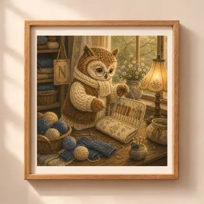 Vintage storybook style square illustration of an owl organizing knitting needles at a desk inside a wooden frame hanging on a wall.