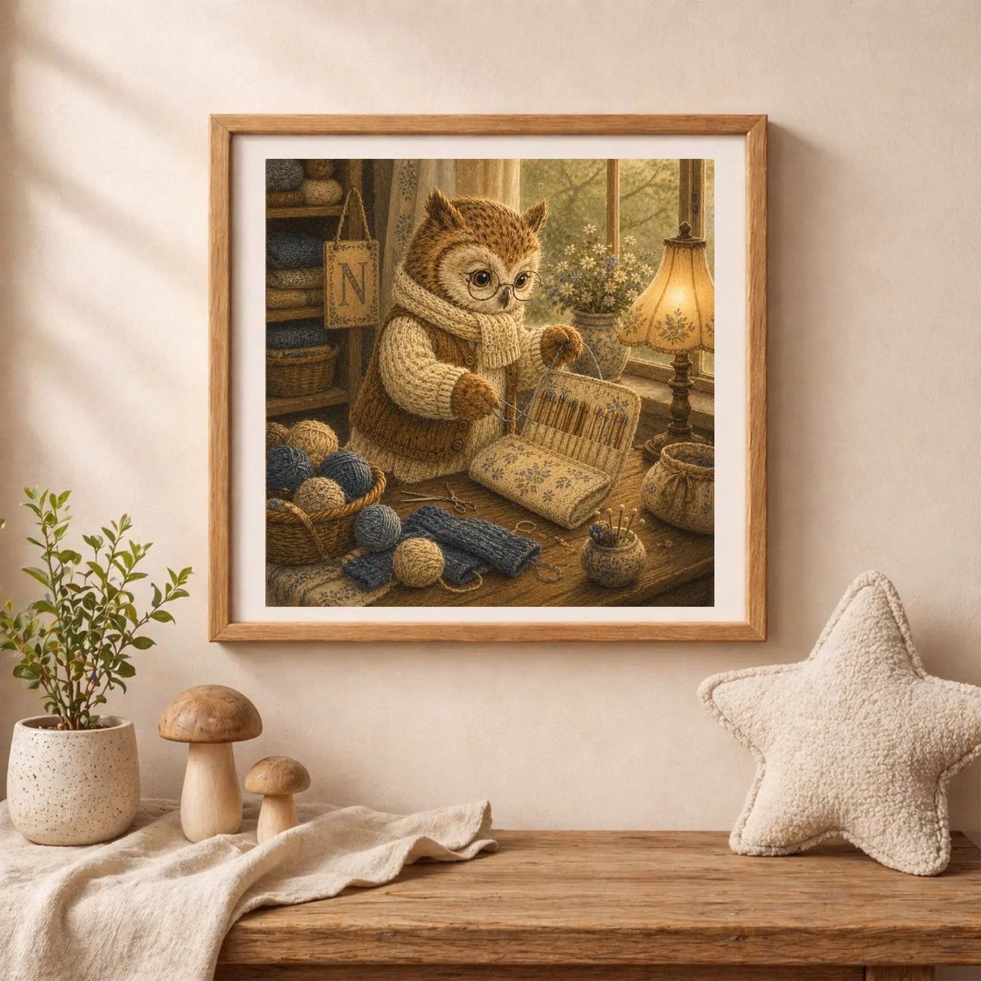 Framed square art of an owl threading yarn into a needle case resting on a table beside a potted plant, ceramic mushrooms, and a plush star pillow.