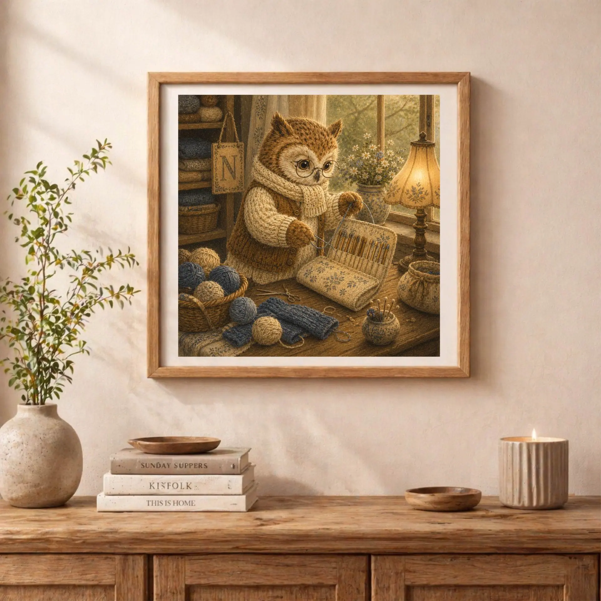 Framed storybook owl illustration standing on a wooden sideboard next to books, a green branch in a ceramic vase, and a burning candle.